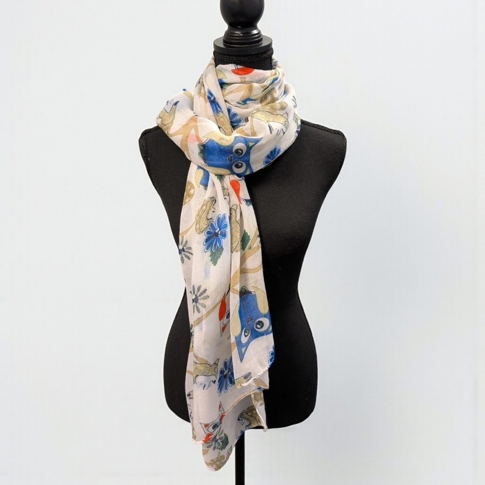 Floral Owl Print Scarf White Blue and Red 69" x 36"